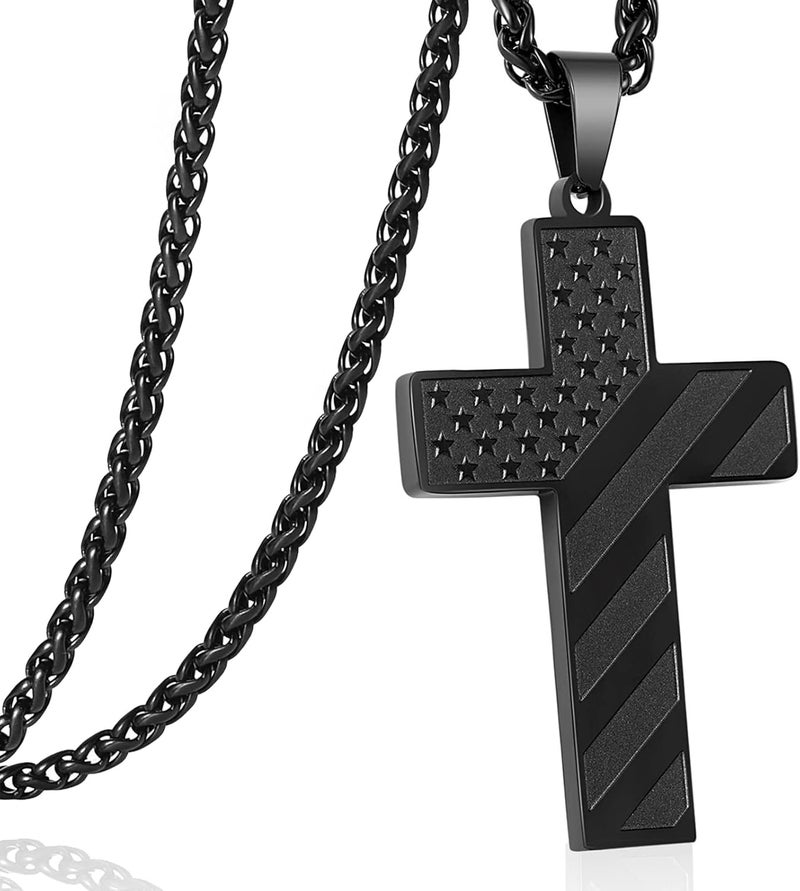 DuoDiner Valentines Day Gifts for Him -24 Inch Cross Necklace for Men Boys Kids Bible Verse American Flag Pendant Baptism Religious First Communion Jewelry Gifts - Image 1